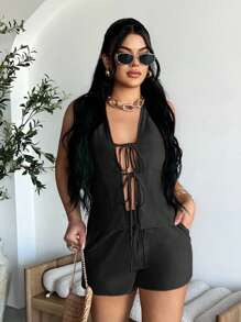 SHEIN SXY 女式性感系带露背吊带上衣和短裤两件套，夏季 - 黑色 - 查看 5