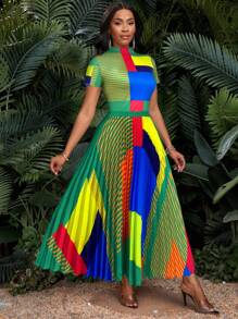 SHEIN Lady 夏季时尚彩色印花立领上衣和百褶裙套装 - 綠色 - 查看 6