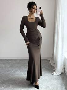 Elenzga Vestido elegante y romántico con cuello cuadrado y volantes en el bajo para vacaciones y uso diario para mujeres - Café - Ver 5