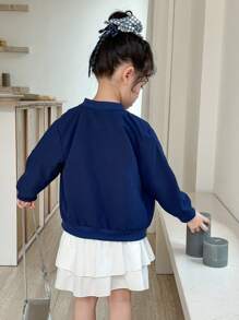 SHEIN 年轻女孩休闲字母蝴蝶结图案前拉链棒球夹克 - 藍白色 - 查看 5