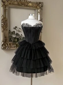 Lovelzi 优雅奢华红色哑光缎面手工水钻缀饰露肩蝴蝶结装饰 A 字褶皱礼服 - 黑色 - 查看 1