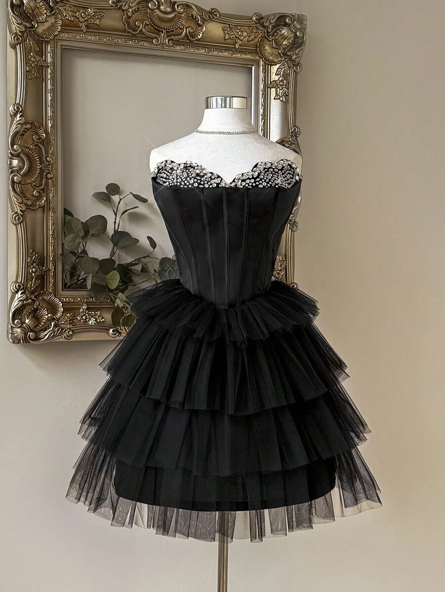 Lovelzi 优雅奢华红色哑光缎面手工水钻缀饰露肩蝴蝶结装饰 A 字褶皱礼服 - 黑色 - 查看 1