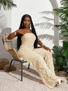 Slaydiva 2025 Summer New Arrival, Music Festival, Wedding Season, Easter, Western Style, Nomadic Style, St. Patrick's Day, Birthday Party, Graduation Season, Student Wear, Daily Casual, Leisure, Vacation, Cruise Travel, Beach, Sunbathing, Fashionable, Texture, Strapless, Yellow, Plus Size Women Jumpsuit Ruffle Jumpsuit Women Jumpsuit Summer Jumpsuit Vacation Outfit Tube Top Jumpsuit - Apricot - View 5