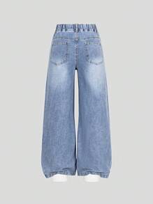 SHEIN Denimly Nouveau Printemps/Été Femmes Coupe Ample Bleu Clair Jeans Jambe Large en Denim, Tissu en Denim Doux Comme Être Enveloppé dans des Nuages, Détail de Broderie en Forme de Cœur, Design de Taille Élastique pour le Confort, Convient pour le Campus, la Rue, les Rendez-vous, les Activités de Plein Air et le Port Quotidien