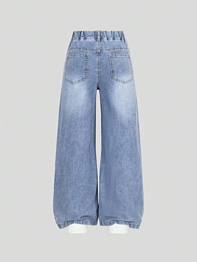 SHEIN Elladie kids Denimly 新款春夏女款宽松浅蓝色牛仔阔腿裤，柔软的牛仔面料如云朵般包裹，心形刺绣细节，松紧腰身设计穿着舒适，适合校园、街头、约会、户外活动和日常穿着