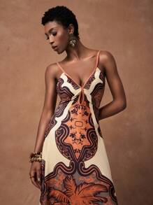 Zivah 春夏新款音乐节、复活节、西部、游牧风格连衣裙，适合生日派对、毕业典礼、学生休闲装、日常出游、度假、邮轮旅行、海滩、日光浴、网红风、极简休闲无袖V领印花长裙，大地色系 - 棕色 - 查看 6