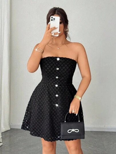 Elenzga Plus Size Women's Elegant Romantic Jacquard Strapless Waist Flared A-Line Short Dress