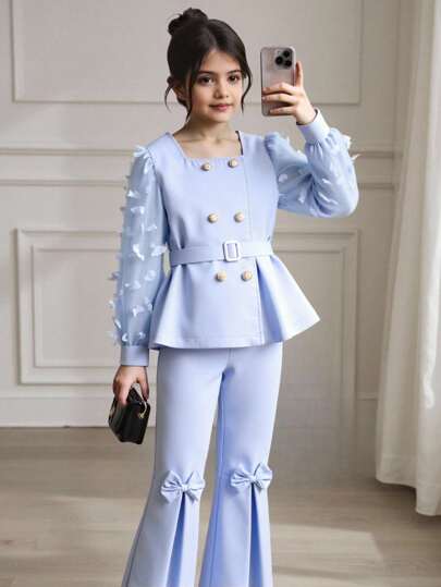 青少年女孩两件套：简约西装外套 + 超长喇叭裤（带网眼拼接）