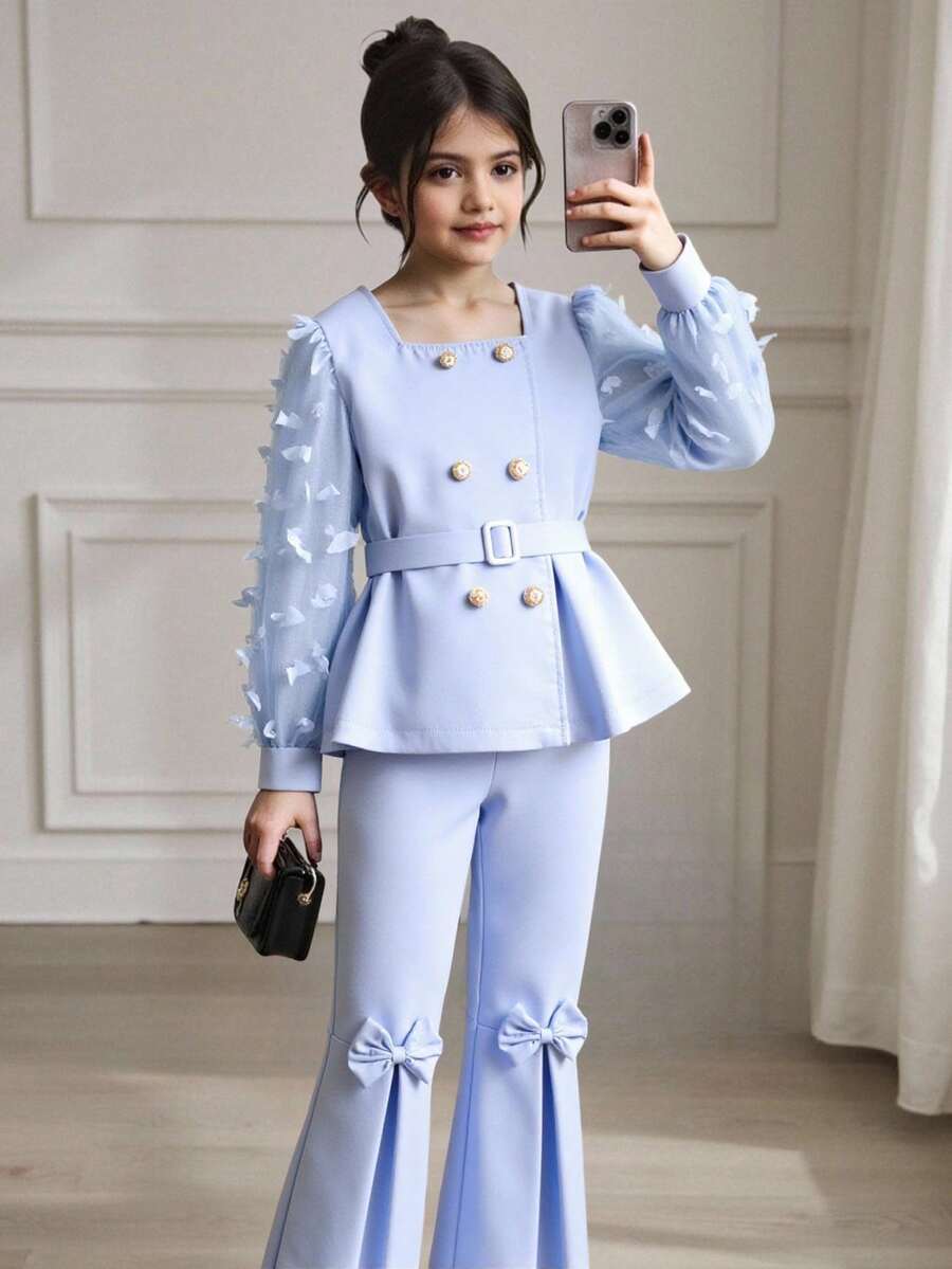 青少年女孩两件套：简约西装外套 + 超长喇叭裤（带网眼拼接） - 淺藍色 - 查看 1