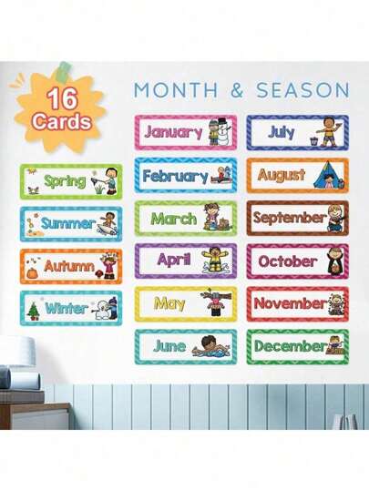 16 件月度头条新闻套装 12 个月认知卡 早期教育学习教学辅助工具 教室装饰 学校、学生、文具、学校用品 言语治疗材料、教师课堂用品