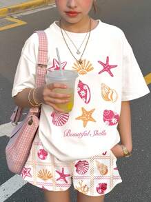 Bộ đồ thể thao nữ tuổi teen phong cách Y2K với họa tiết vỏ sò và sao biển đầy màu sắc, áo thun ngắn tay cổ tròn dáng rộng thoải mái và tối giản, thích hợp cho mặc hàng ngày vào mùa xuân/hè, phong cách đường phố, đi chơi, ở nhà, kỳ nghỉ. - Nhiều màu - Xem 4