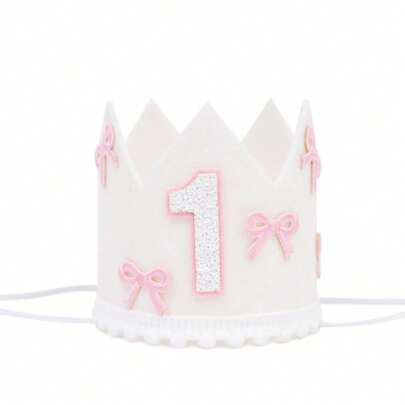 1pc, Half-Year-Old/1-5-Year-Old Bow Birthday Hat Decoration First Gift White Crown Pink Bow Crown Party Princess Headdress Photo White Powder Decoration Birthday Party Hat Decoration Quantity 2/1-5 Sequin Crown Hair Accessories Princess Birthday Party Festival Shower