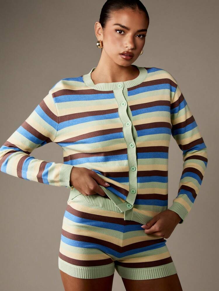 MISSGUIDED Striped Button Front Cardigan With Ribbed Trim