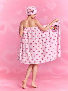 THE POWERPUFF GIRLS X SHEIN 1 件心形和花朵、泡泡、毛茛图案吸水柔软浴裙/毛巾 - 粉色 - 查看 2