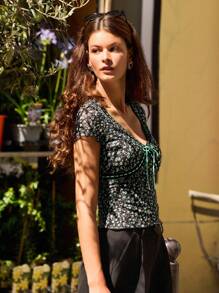 lacRébo Black Floral Mesh Tee With V-Neckline And Ribbon Bow Cute Autumn Top Going Out Outfits Spring Summer Top - Multicolor - View 3