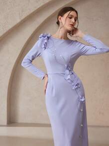 Modelyn 女士花卉 3D 水晶装饰圆领长袖连衣裙 - 紫色 - 查看 2