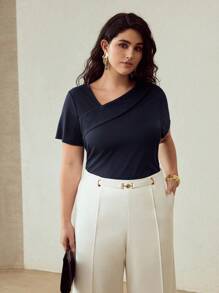 MOTF PREMIUM PLUS SIZE SOLID ASYMMETRICAL NECK SHORT SLEEVE TEE - Navy Blue - View 5