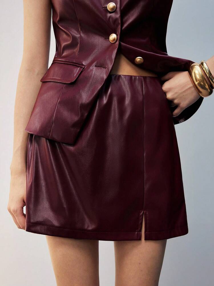 SHEIN Maija Women's Burgundy Metal Buckle Decor Suit Set, Versatile For All Seasons, Modern Urban Casual Fashion, Round Neck Sleeveless Fitted Front Open Thin Blazer Jacket And Skirt, Business Casual Office Wear, Low-Key Elegant Vibe, Urban Commute, Magazine Editor Same Style, Urban Social Occasion Vacation Party Outfit, Attractive Low-Key Durable Basic Matching Set, Street Style Outfit, Cafe Relaxed Fit Women's Suit Set Metal Decoration Fall Clothes