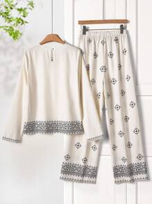 Rusticease Women's Geometric Print V-Neck Long Sleeve Shirt And Wide Leg Pants Casual 2 Pieces Set Matching Women Sets Women Pajama Sets Pant Sets Women 2 Pieces Pant Set Women Women Lounge Sets FALL Two Pieces Pant Set Women Women Matching Sets Pajama Set Blouse And Pants Set School Clothes Business Casual Woman Women Clothes Business Casual Woman Work/Office - Multicolor - View 2