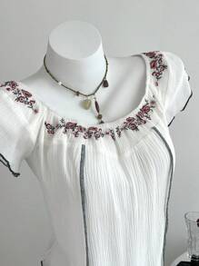 Elamini 女式刺绣露肩休闲衬衫 - 白色 - 查看 1