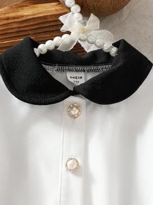 Elladie kids 2件套小女孩彼得潘领彩色衬衫和短裤，带蝴蝶结装饰 - 黑色 - 查看 6