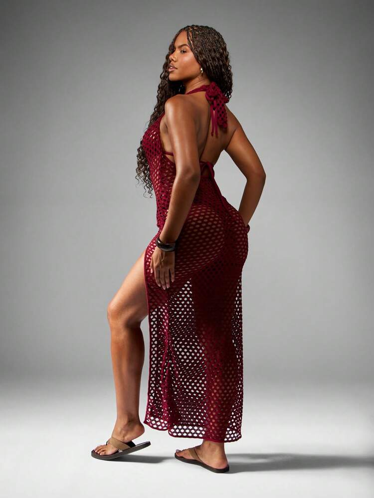 MISSGUIDED Robe de plage au crochet, col bénitier, cache-maillot de plage maxi à franges, tenue de vacances, robe de plage transparente en filet