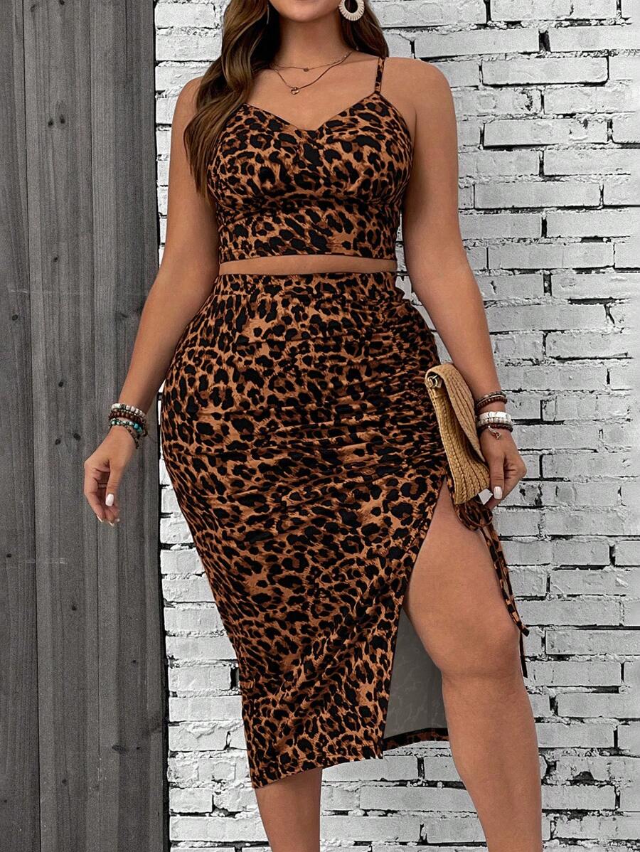 SHEIN VCAY Plus Size Leopard Print Camisole Top And Slit Hem Skirt 2pcs Set, Resort Wear,Holiday Outfits