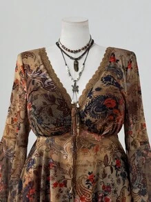 Flirla 加大码女式腰果花卉印花撞色蕾丝 V 领喇叭袖时尚衬衫 - 彩色 - 查看 5