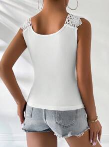 Plus Size Women Solid Color Contrast Lace Trim Fitted Elegant Camisole Top For Summer - White - View 2