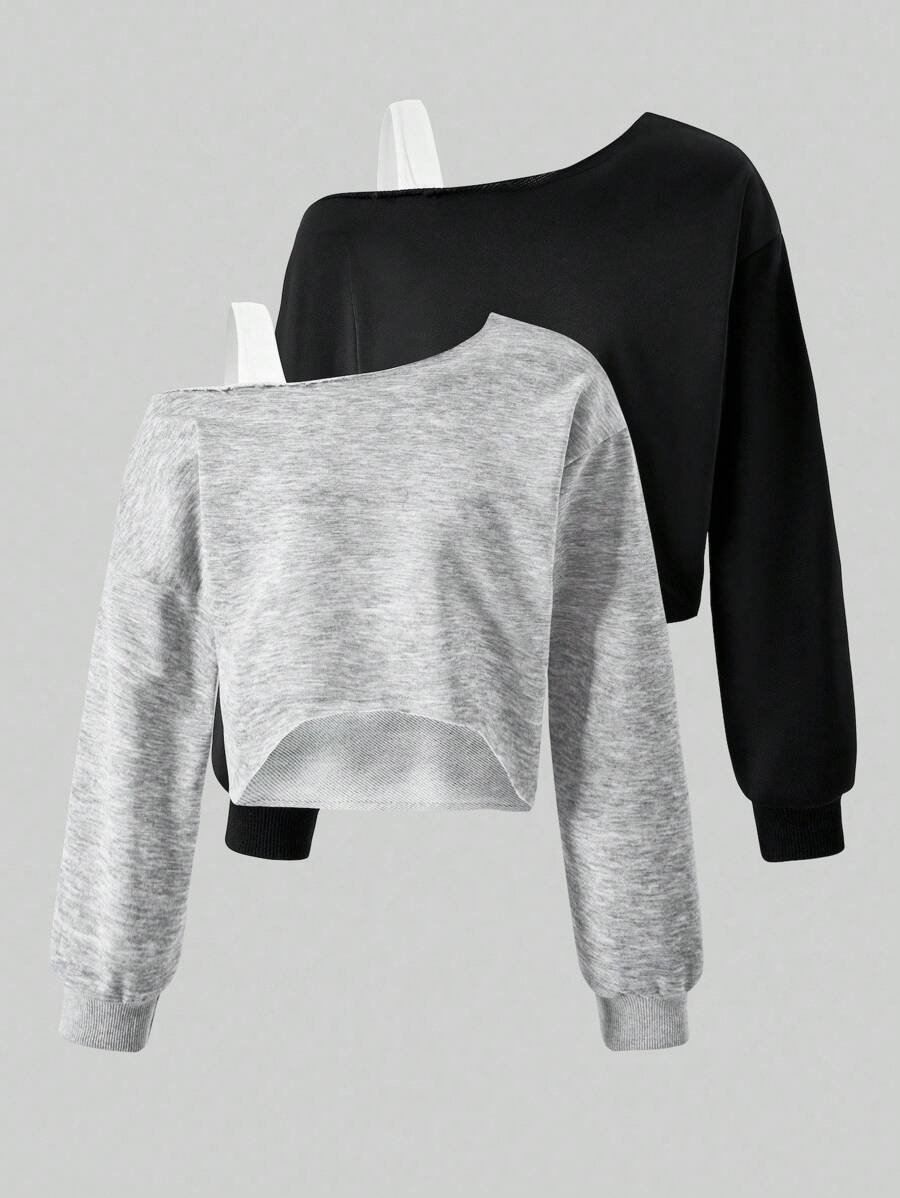 Sparklyn 2pcs/Set Tween Girls Casual Elegant Long Sleeve Sweatshirt, One Shoulder With White Strap, Ribbed Cuffs, Suitable For Travel, Outing, School Fall Winter - Multicolor - View 1