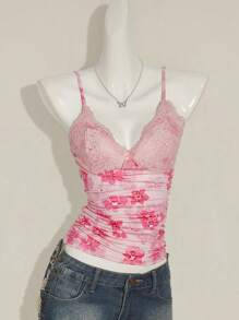 Sweetina Women's Y2K Summer Women Going Out Elegant Floral Print Contrast Easter Top, Everyday Wear Lace Camisole - Pink - View 3