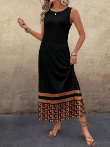 EMERY ROSE Casual Textured Round Neck Long Dress For Women, Suitable For Summer Black Summer Dress Chic Dress - Black - View 4