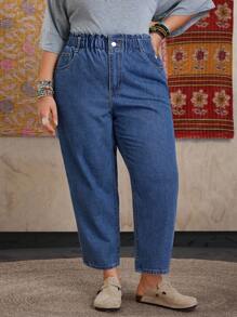 EMERY ROSE Jeans harem con bolsillo en ángulo de talla grande, otoño - Azul lavado medio - Ver 5