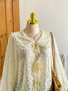 Comfortcana Áo cánh tay dài cổ ren mỏng cỡ lớn, màu vàng nhạt, nhẹ nhàng cho mùa thu - Màu vàng - Xem 5