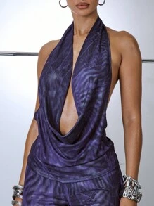 MUSERA Top en maille imprimée à encolure béante extrême, idéal pour les vacances, les festivals Ibiza, les raves, les occasions Y2K sexy, les sorties, les anniversaires, les soirées, l'automne, le streetwear grunge et les clubs. Costume pour femmes. Vêtements d'été et de printemps - Bleu azur - Voir 5