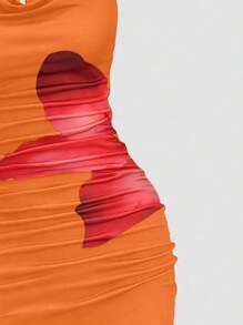 Sweetra 女式夏季针织垂坠领印花连衣裙 - 橘色 - 查看 3