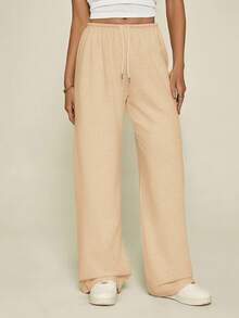 SHEIN Tall 女夏季运动裤基础款休闲杏色裤子女阔腿裤阔腿运动裤宽松裤子舒适裤子女宽松裤子女裤子阔腿夏季裤子 - 卡其色 - 查看 5