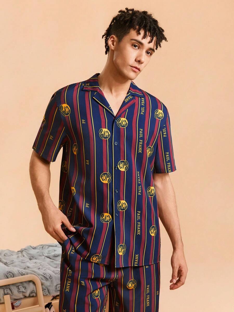 Paul Frank X SHEIN Men's Color Block Striped & Cartoon Pattern Button Front Short Sleeve Top And Shorts Loungewear Set - Multicolor - View 1