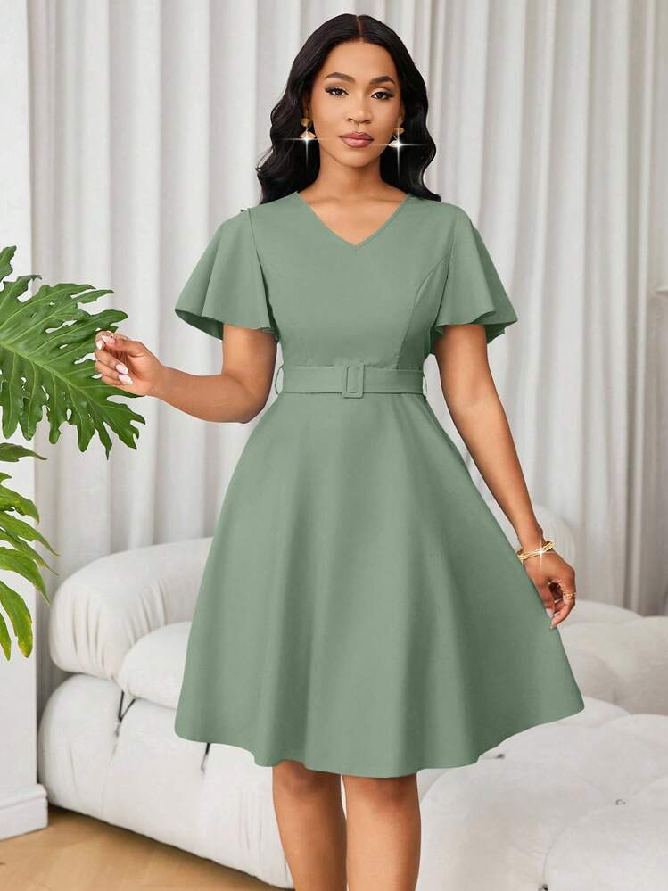 SHEIN Ladiora Vestido mini elegante de manga corta con volantes en el bajo y corte evasé de un solo color para mujer - verde menta - Añade 6