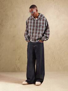 SUMWON 超大格子法兰绒连帽夹克拉链短袖轻便纽扣口袋休闲秋冬外套街头潮流分层单品