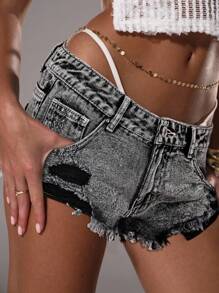 TRNVIE Summer Fashion Low Waist Ripped Denim Shorts - Grey - View 6