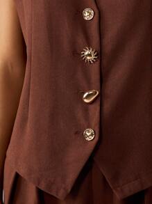 AiiRZ Linen Two Piece Outfit Summer Waistcoat Vest Metal Button Crop Top Wide Leg High Waisted Palazzo Pants Holiday Casual Beach Resort Wear