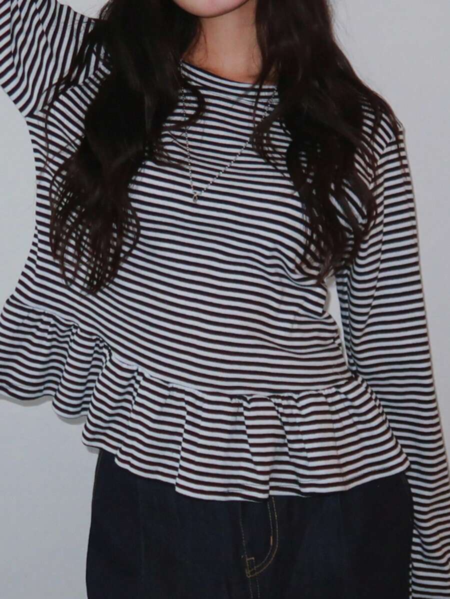 DAZY Women's Striped Round Neck Long Sleeve Peplum Hem T-Shirt,Fall Women Clothes - Black - View 1