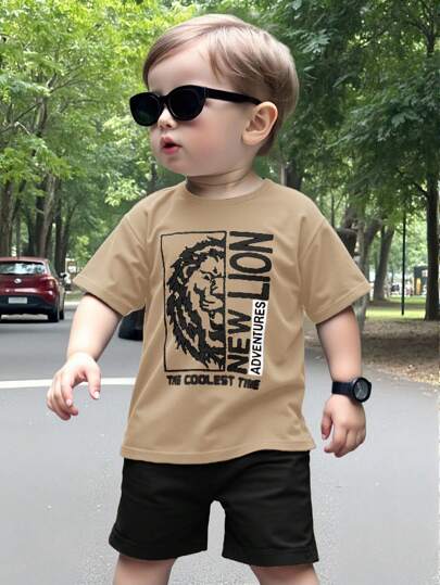 SHEIN 2 件套男婴休闲简约圆领短袖 T 恤和短裤套装，适合夏季