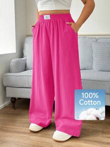 SHEIN EZwear New Plus Size Casual Fuchsia Pink Versatile Pants,Holiday - Hot Pink - View 1