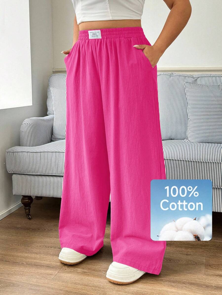 SHEIN EZwear New Plus Size Casual Fuchsia Pink Versatile Pants,Holiday - Hot Pink - View 1