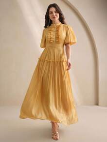 Anewsta 女士长裙，夏季款式，荷叶边设计，优雅百搭，适合节日和假日穿着 - 黃色 - 查看 4