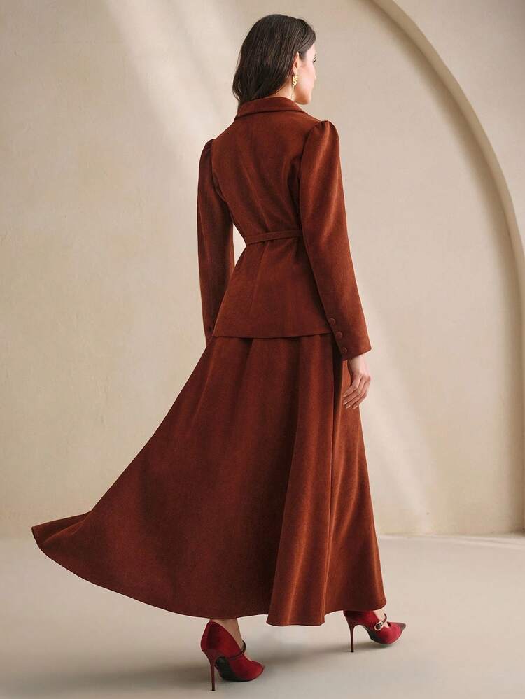 Women's Elegant Christmas V-Neck Long Sleeve Fitted Blazer & Flared Solid Color Skirt 2 Pieces Set, Vintage