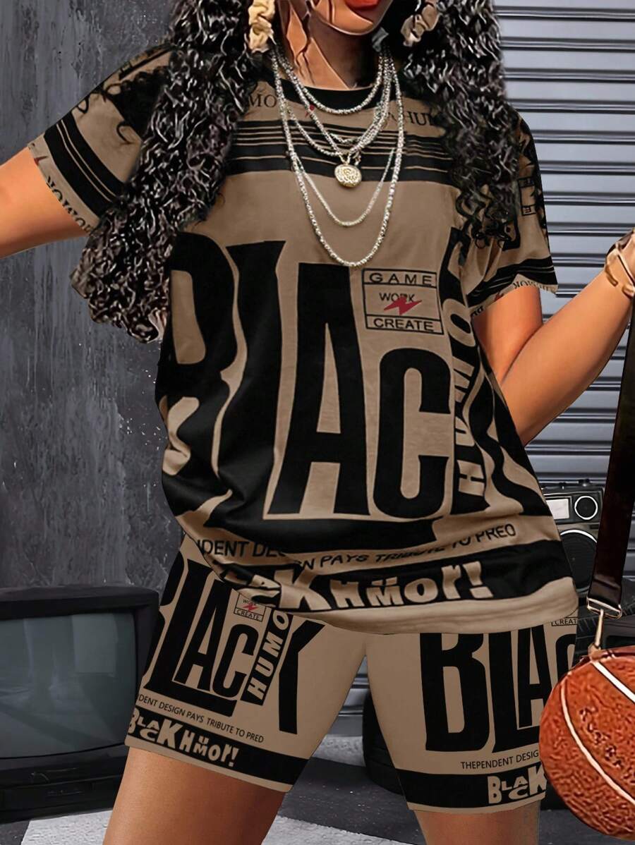 INAWLY 2 Stücke/Set Damen Sommer Buchstaben Muster Rundhals Kurzarm T-Shirt und Shorts Lässig Outfit