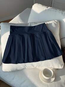 Comfortcana Women's Solid Simple Casual Knitted Cute Sports Pleated Super Skirt - Navy Blue - View 7